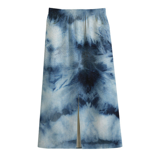 Blue And Black Acid Wash Tie Dye Print Cotton Front Slit Maxi Skirt
