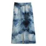 Blue And Black Acid Wash Tie Dye Print Cotton Front Slit Maxi Skirt