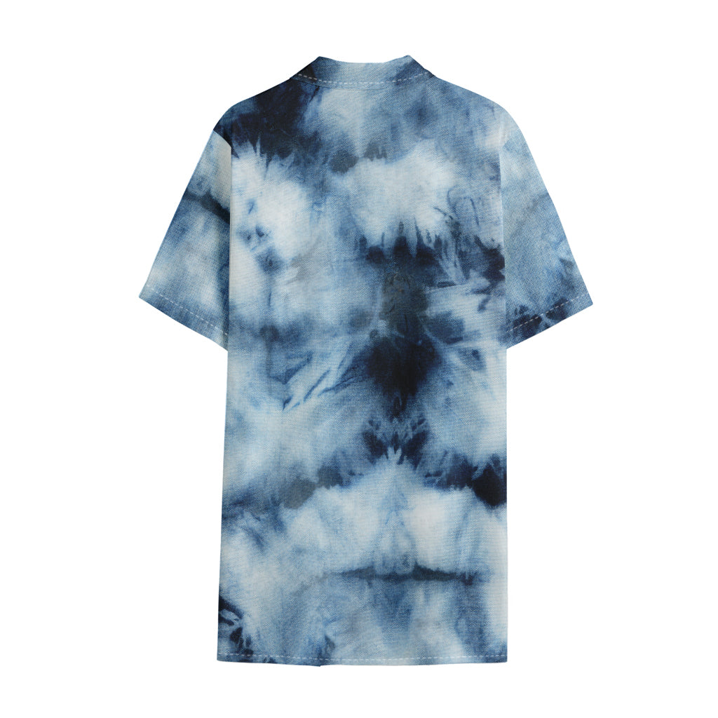 Blue And Black Acid Wash Tie Dye Print Cotton Hawaiian Shirt