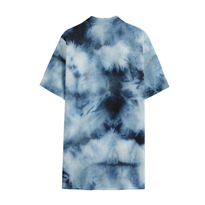 Blue And Black Acid Wash Tie Dye Print Cotton Hawaiian Shirt
