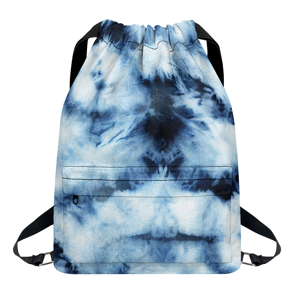 Blue And Black Acid Wash Tie Dye Print Drawstring Backpack