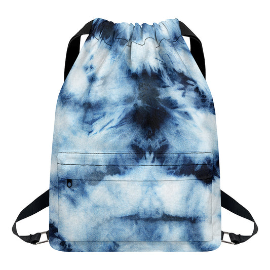 Blue And Black Acid Wash Tie Dye Print Drawstring Backpack