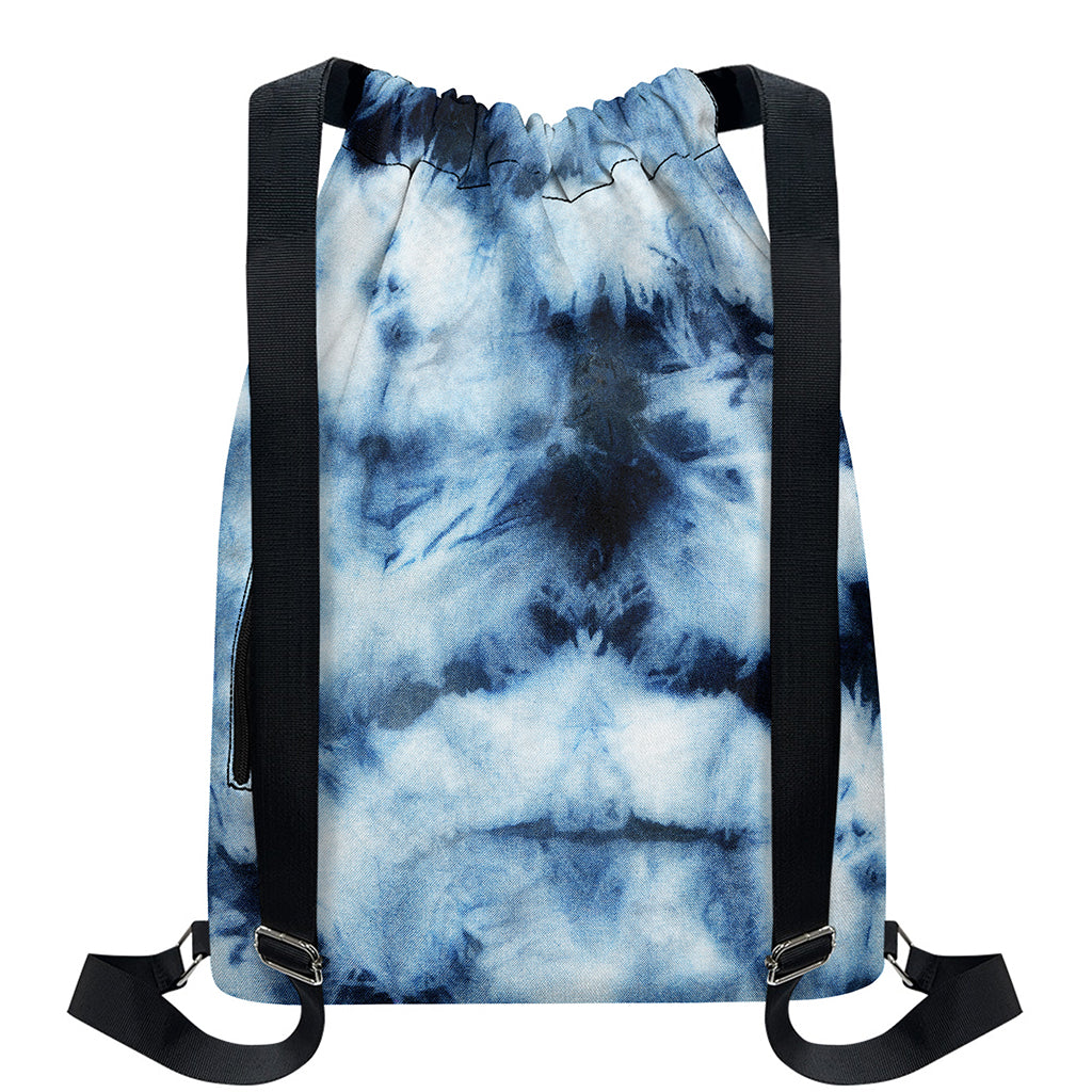Blue And Black Acid Wash Tie Dye Print Drawstring Backpack