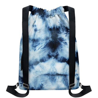 Blue And Black Acid Wash Tie Dye Print Drawstring Backpack