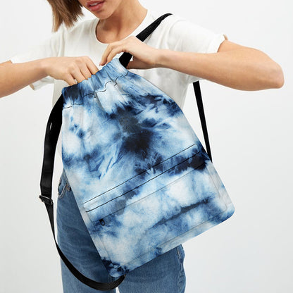 Blue And Black Acid Wash Tie Dye Print Drawstring Backpack