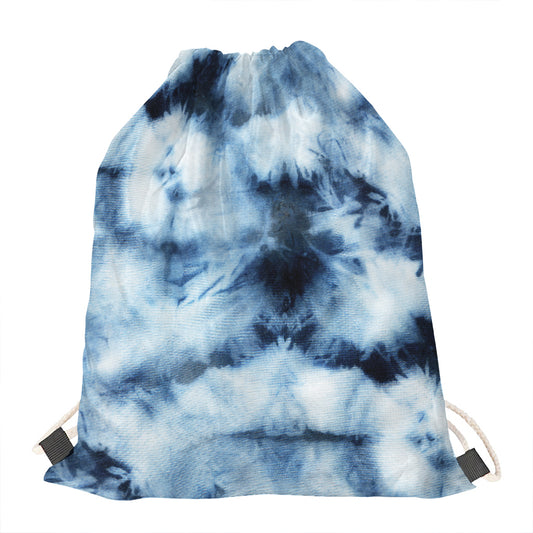 Blue And Black Acid Wash Tie Dye Print Drawstring Bag