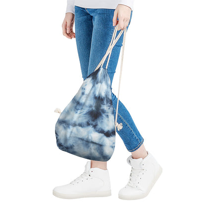 Blue And Black Acid Wash Tie Dye Print Drawstring Bag