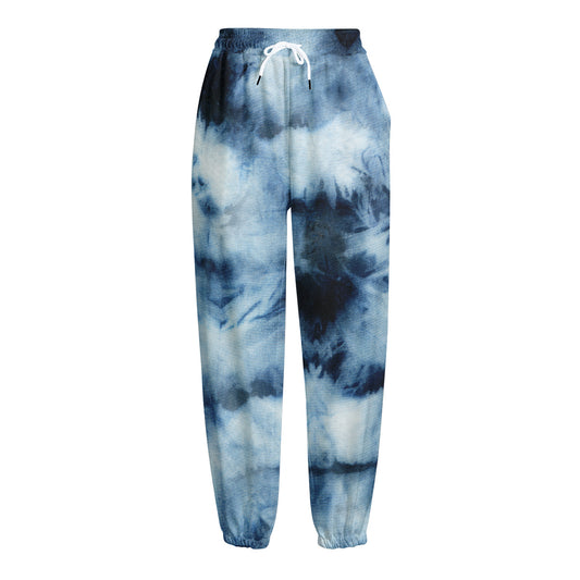 Blue And Black Acid Wash Tie Dye Print Fleece Lined Knit Pants
