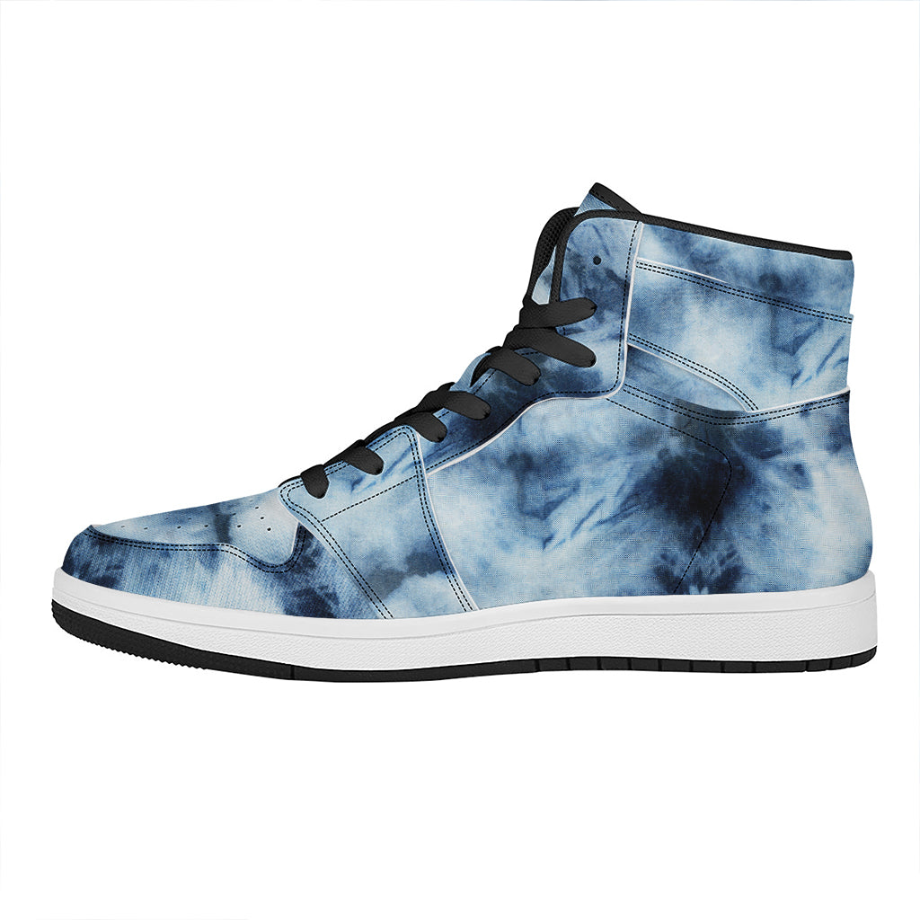 Blue And Black Acid Wash Tie Dye Print High Top Leather Sneakers