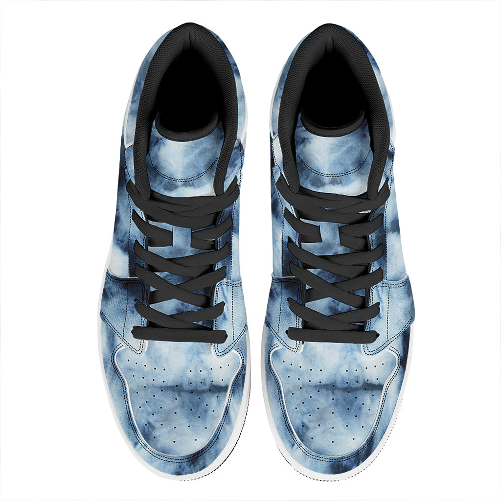 Blue And Black Acid Wash Tie Dye Print High Top Leather Sneakers