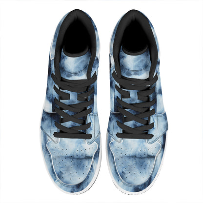 Blue And Black Acid Wash Tie Dye Print High Top Leather Sneakers