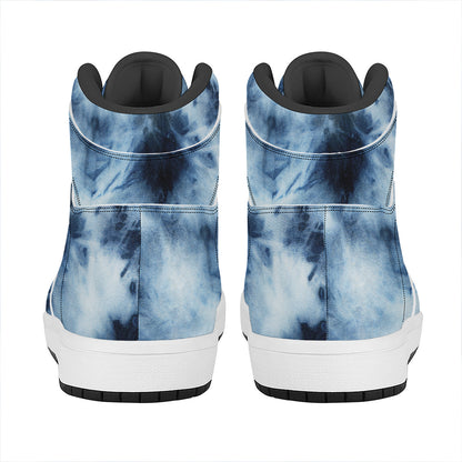 Blue And Black Acid Wash Tie Dye Print High Top Leather Sneakers