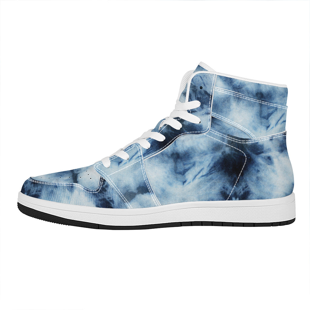 Blue And Black Acid Wash Tie Dye Print High Top Leather Sneakers
