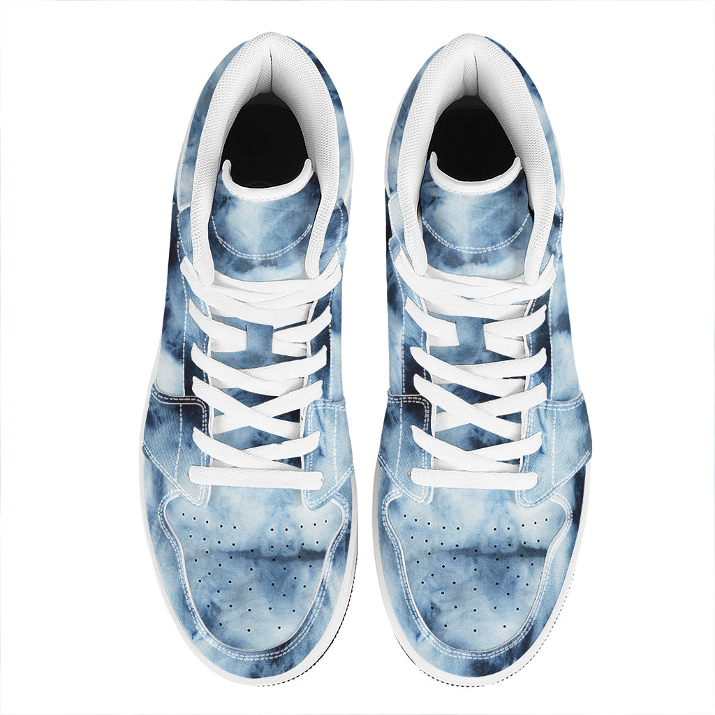 Blue And Black Acid Wash Tie Dye Print High Top Leather Sneakers