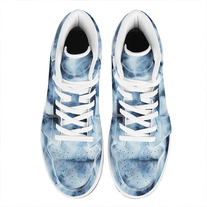 Blue And Black Acid Wash Tie Dye Print High Top Leather Sneakers