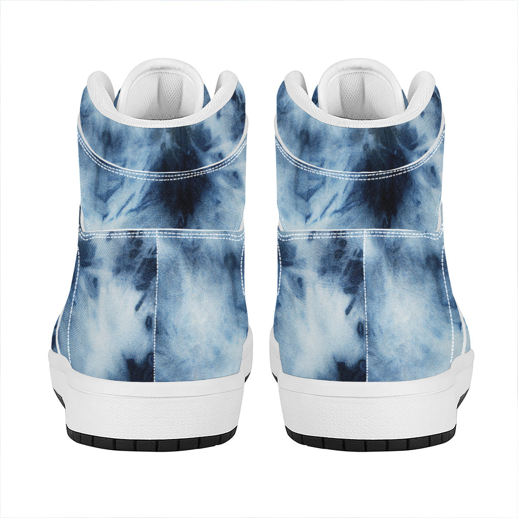 Blue And Black Acid Wash Tie Dye Print High Top Leather Sneakers