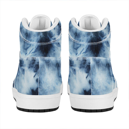 Blue And Black Acid Wash Tie Dye Print High Top Leather Sneakers