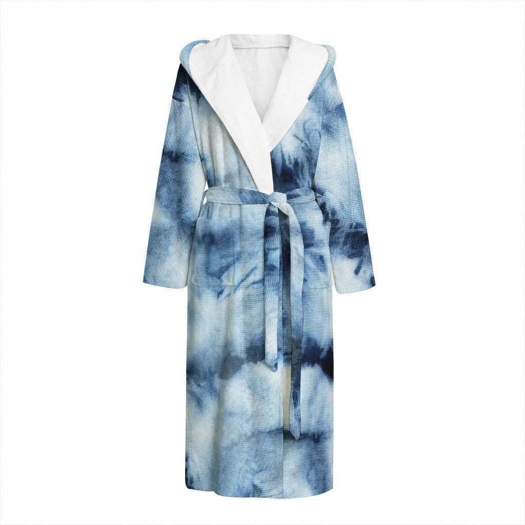 Blue And Black Acid Wash Tie Dye Print Hooded Bathrobe