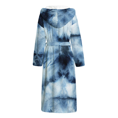 Blue And Black Acid Wash Tie Dye Print Hooded Bathrobe