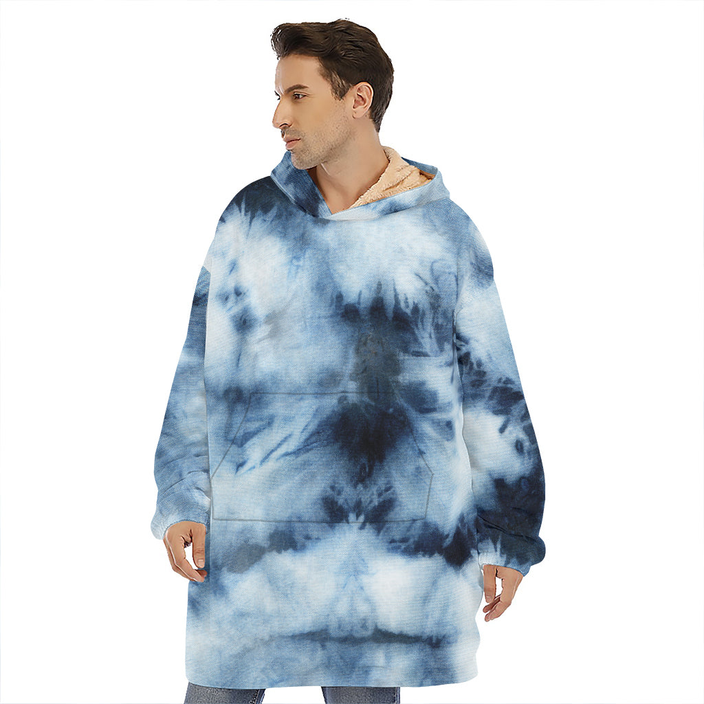 Blue And Black Acid Wash Tie Dye Print Hoodie Blanket