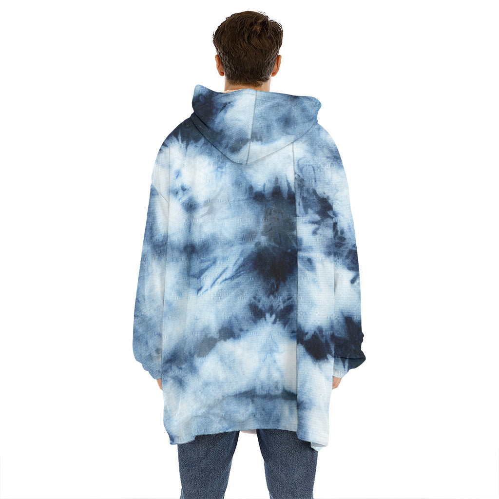 Blue And Black Acid Wash Tie Dye Print Hoodie Blanket