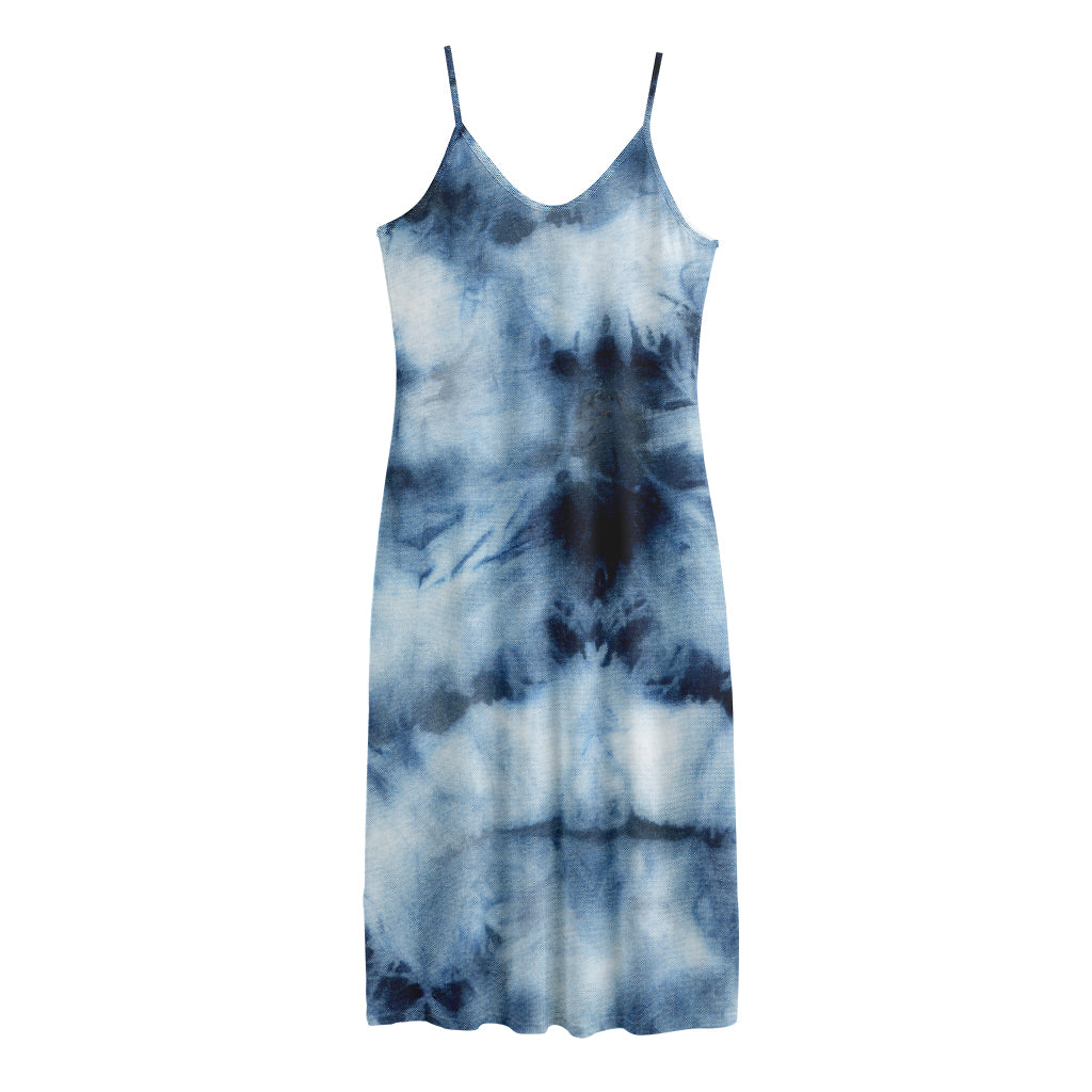 Blue And Black Acid Wash Tie Dye Print Jersey Midi Cami Dress