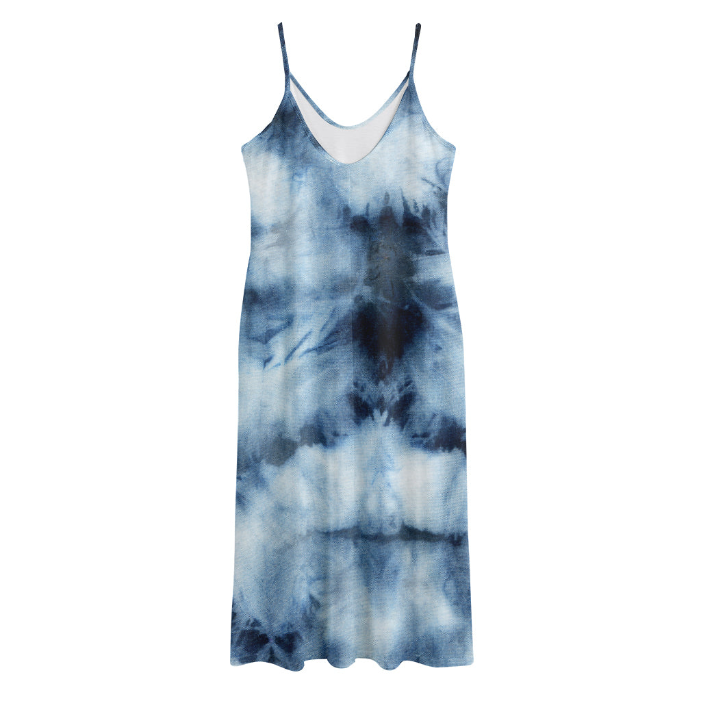 Blue And Black Acid Wash Tie Dye Print Jersey Midi Cami Dress