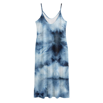 Blue And Black Acid Wash Tie Dye Print Jersey Midi Cami Dress