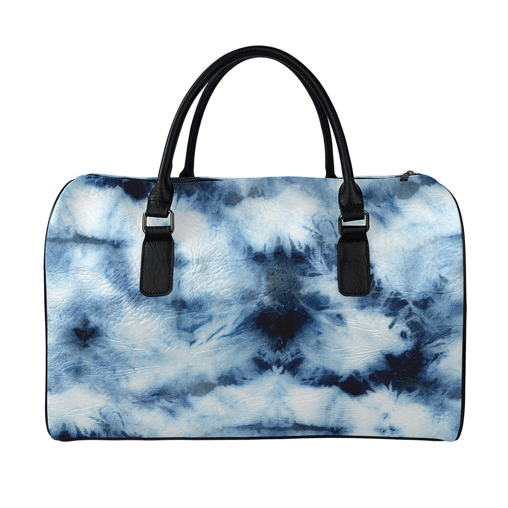 Blue And Black Acid Wash Tie Dye Print Leather Duffle Bag