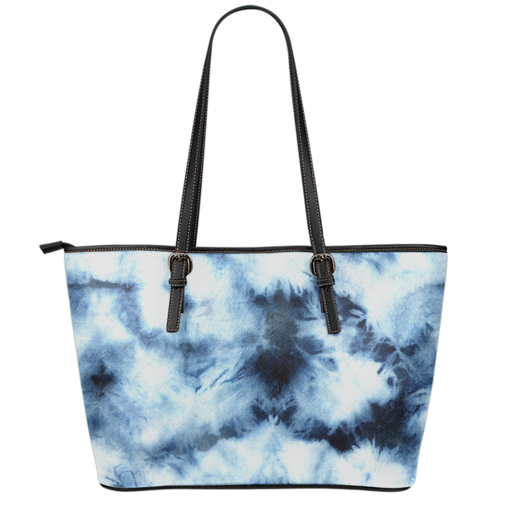 Blue And Black Acid Wash Tie Dye Print Leather Tote Bag