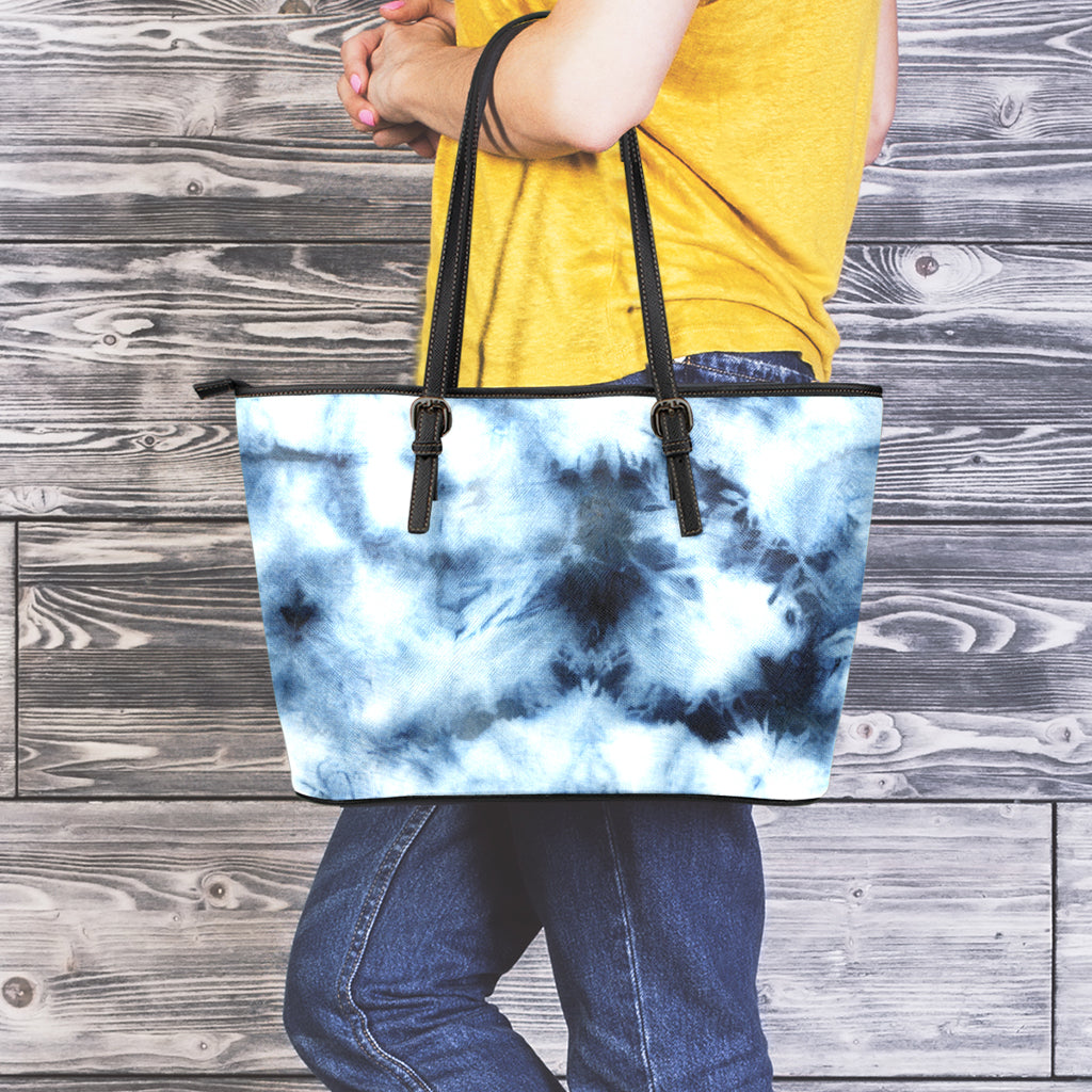 Blue And Black Acid Wash Tie Dye Print Leather Tote Bag