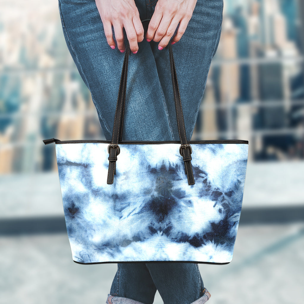Blue And Black Acid Wash Tie Dye Print Leather Tote Bag