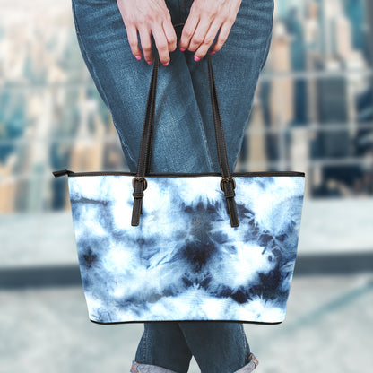 Blue And Black Acid Wash Tie Dye Print Leather Tote Bag
