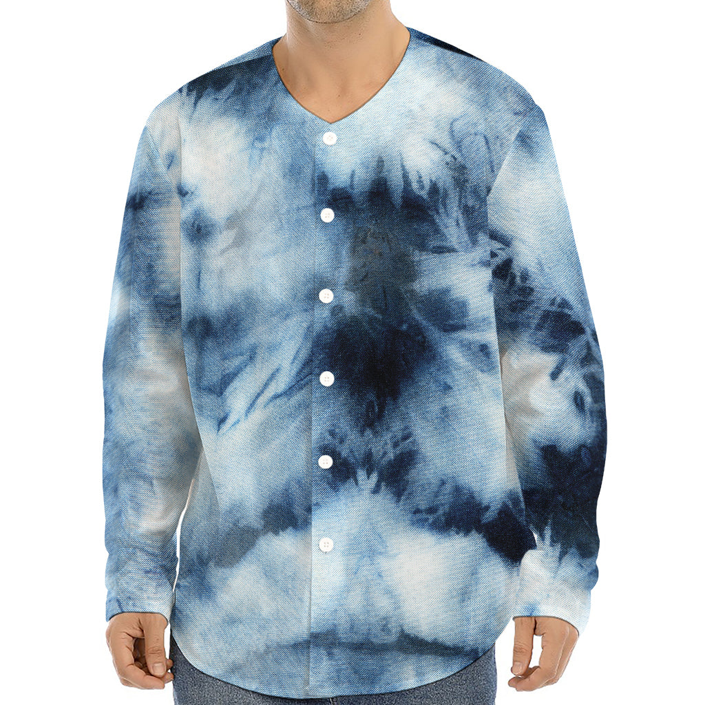 Blue And Black Acid Wash Tie Dye Print Long Sleeve Baseball Jersey