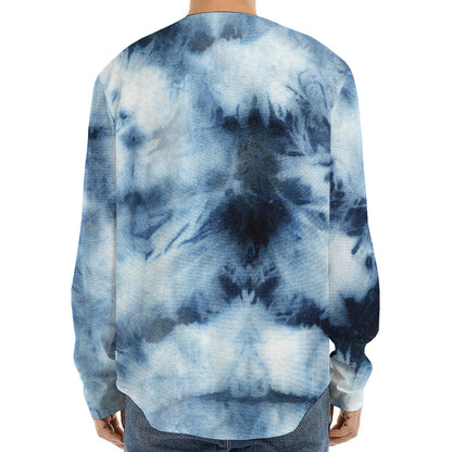 Blue And Black Acid Wash Tie Dye Print Long Sleeve Baseball Jersey