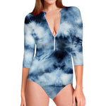 Blue And Black Acid Wash Tie Dye Print Long Sleeve Swimsuit