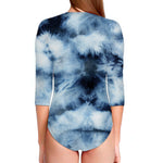 Blue And Black Acid Wash Tie Dye Print Long Sleeve Swimsuit