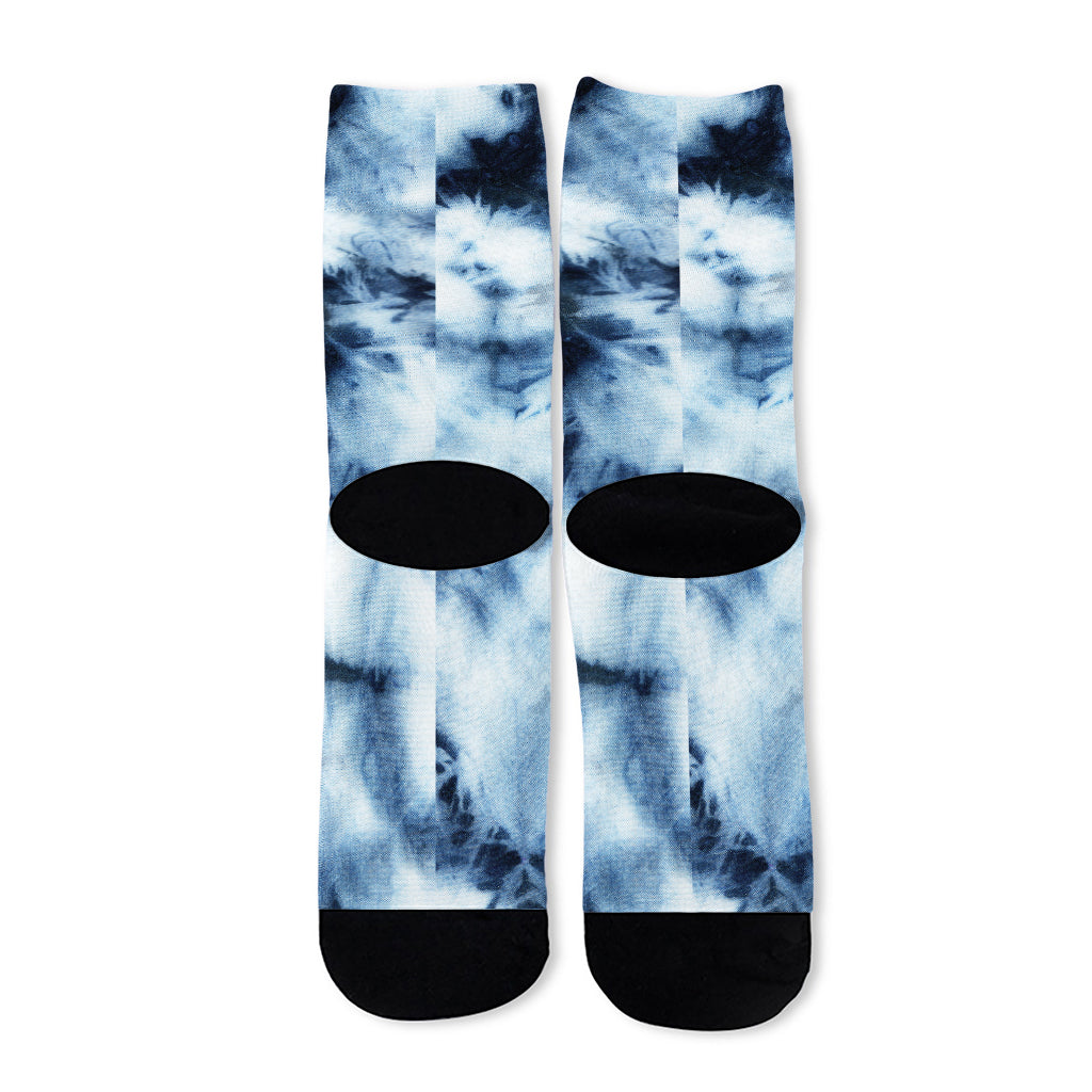 Blue And Black Acid Wash Tie Dye Print Long Socks