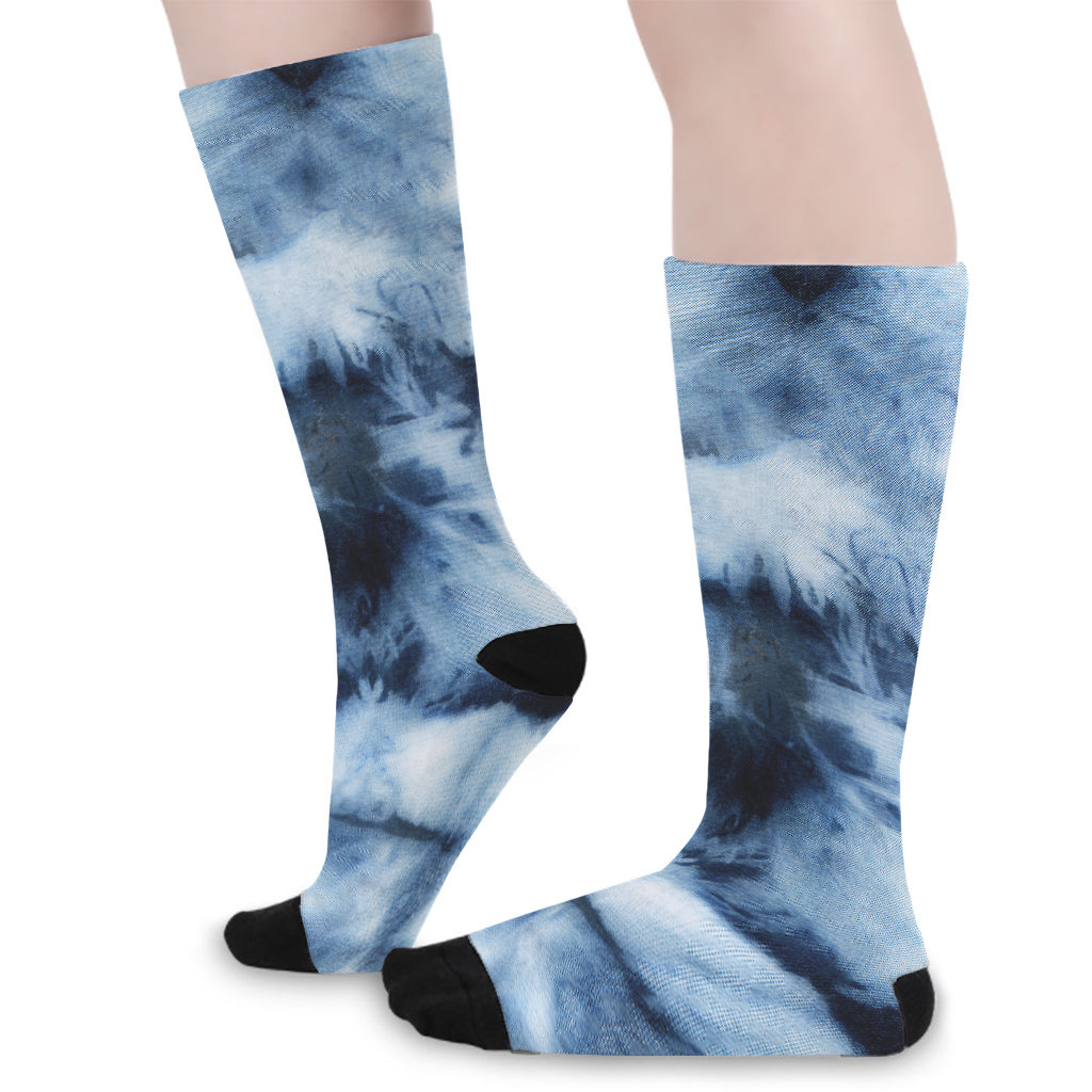 Blue And Black Acid Wash Tie Dye Print Long Socks