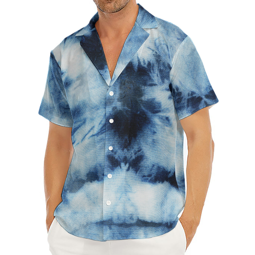 Blue And Black Acid Wash Tie Dye Print Men's Deep V-Neck Shirt