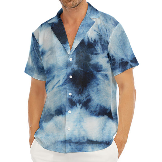 Blue And Black Acid Wash Tie Dye Print Men's Deep V-Neck Shirt