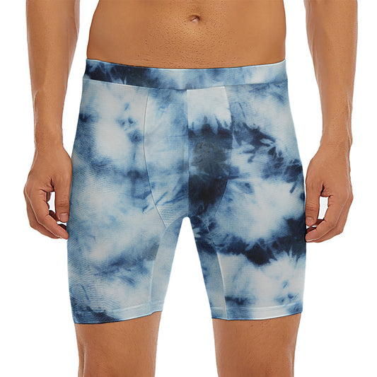 Blue And Black Acid Wash Tie Dye Print Men's Long Boxer Briefs
