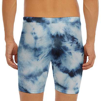 Blue And Black Acid Wash Tie Dye Print Men's Long Boxer Briefs