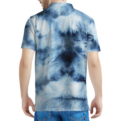 Blue And Black Acid Wash Tie Dye Print Men's Polo Shirt
