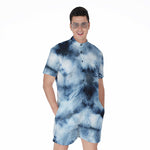 Blue And Black Acid Wash Tie Dye Print Men's Rompers