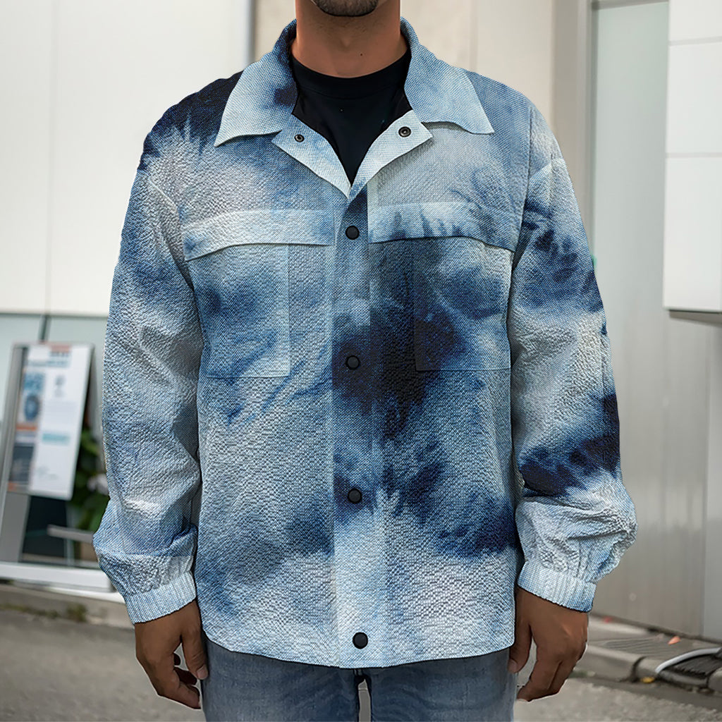 Blue And Black Acid Wash Tie Dye Print Men's Shirt Jacket