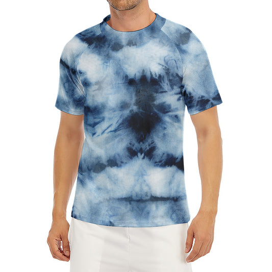 Blue And Black Acid Wash Tie Dye Print Men's Short Sleeve Rash Guard