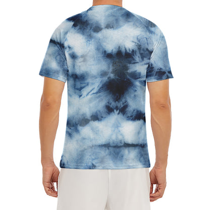 Blue And Black Acid Wash Tie Dye Print Men's Short Sleeve Rash Guard