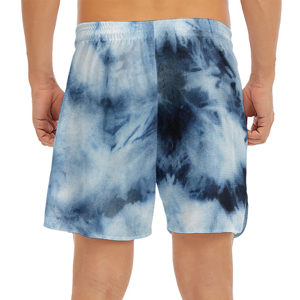 Blue And Black Acid Wash Tie Dye Print Men's Split Running Shorts