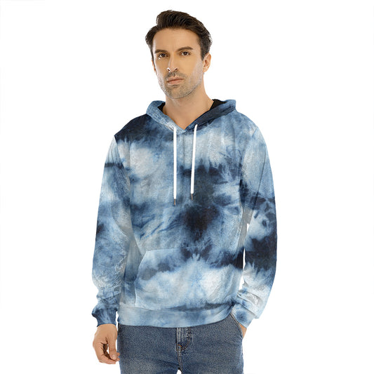 Blue And Black Acid Wash Tie Dye Print Men's Velvet Pullover Hoodie